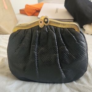 Judith Leiber Black Leather Clutch Handbag